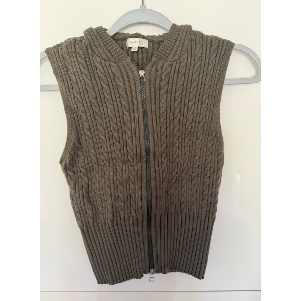 Girls Medium Olive Green Sleeveless Zip Hoodie Sweater Vest Size M